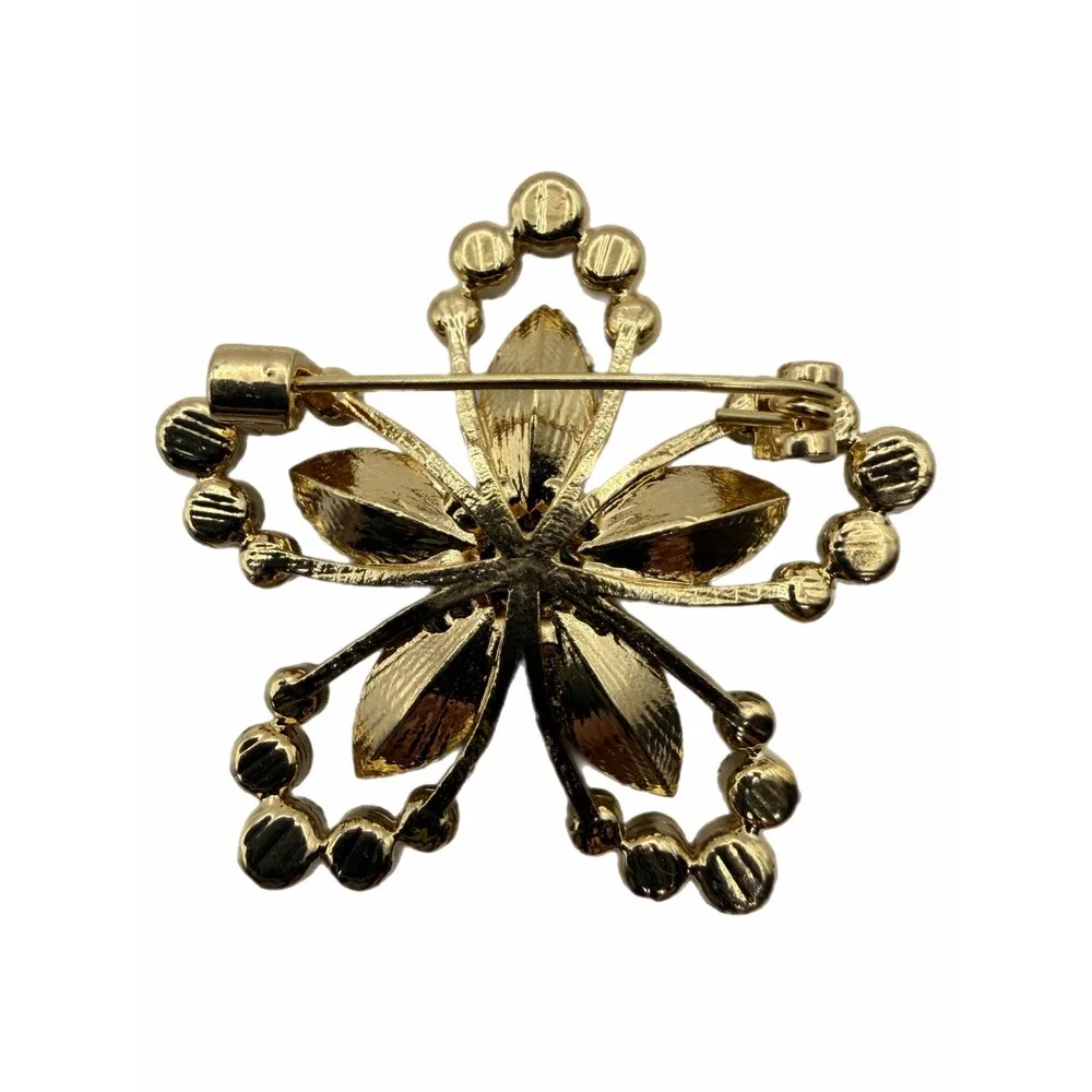 Emerald Green White Crystal Flower Brooch Gold Tone with Rhinestones